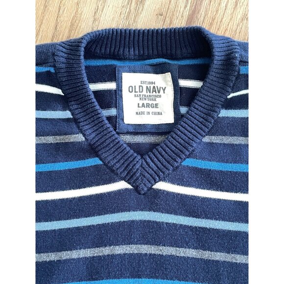 Old Navy V-Neck Sweater Mens L Navy Stripe Tight Knit Lightweight - Picture 2 of 6